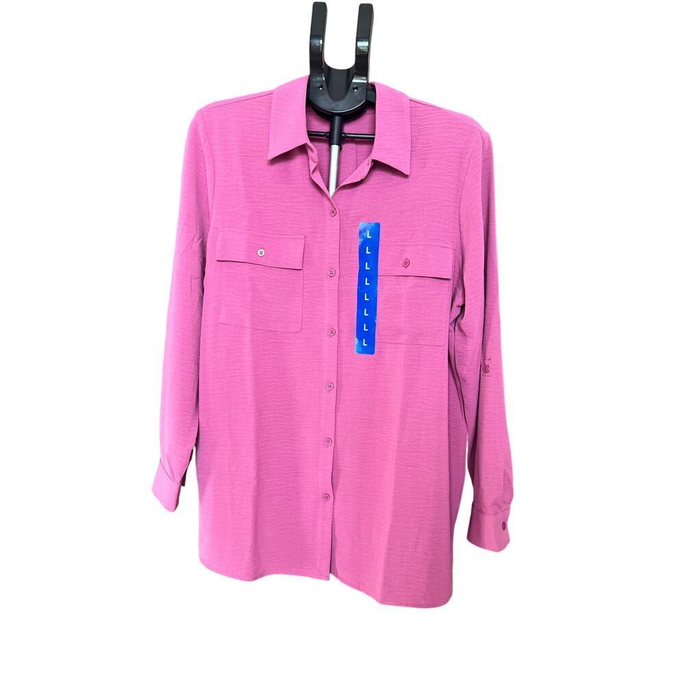 NWT Hilary Radley Women's Button Front Blouse, Large, Dark Pink. Lightweight - Picture 2 of 11